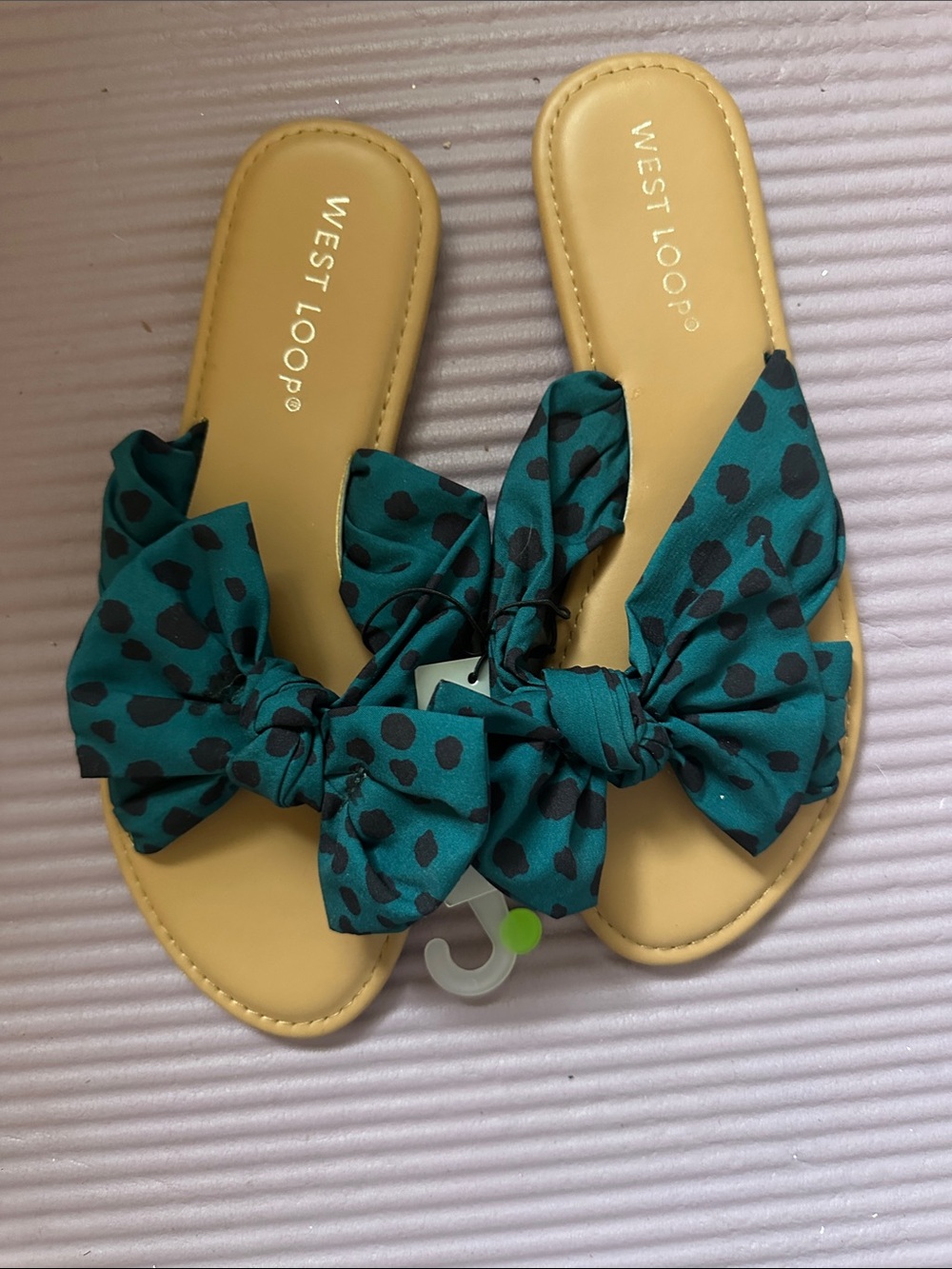 west loop Teal Bow Slide Sandals with Black Spot Print